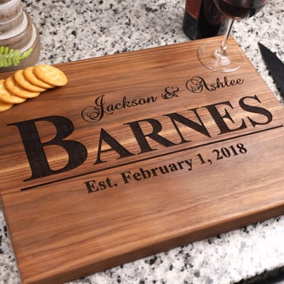 Bold Last Name Wedding Cutting Board, cutting board engraved by Naked Wood Works