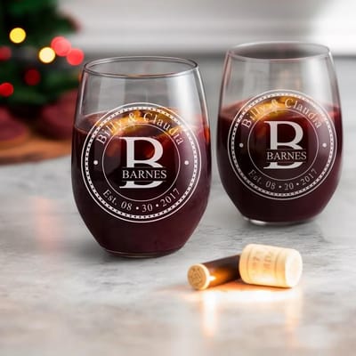 Couples Circle Monogram Wine Glasses, wine glass engraved by Naked Wood Works