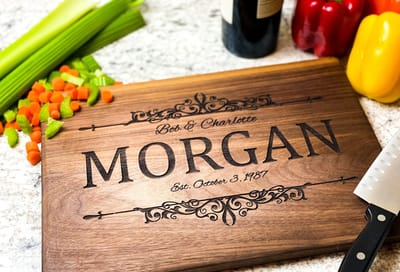 Filigree Last Name Newlywed Board, cutting board engraved by Naked Wood Works