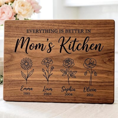 Mom's Kitchen Birth Flower Board, cutting board engraved by Naked Wood Works