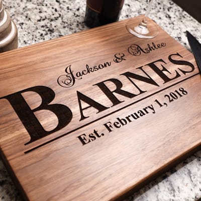 Bold Last Name Couples Cutting Board, cutting board engraved by Naked Wood Works