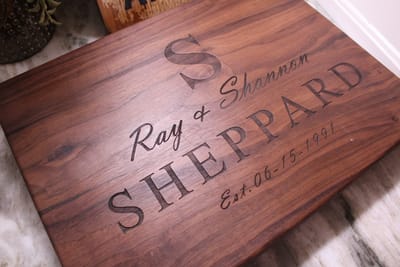 Diagonal Monogram Family Name Board, cutting board engraved by Naked Wood Works
