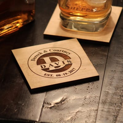 Circle Stamp Monogram Coasters, coaster set engraved by Naked Wood Works