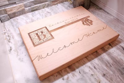Welcome Home Key Monogram Board, cutting board engraved by Naked Wood Works
