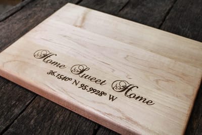 Home Sweet Home Coordinates Board, cutting board engraved by Naked Wood Works
