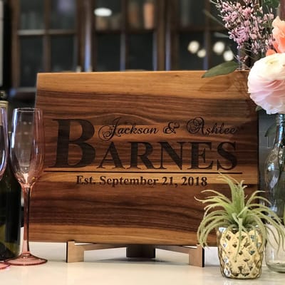 Bold Last Name Anniversary Cutting Board, shown for 5th anniversary gifts