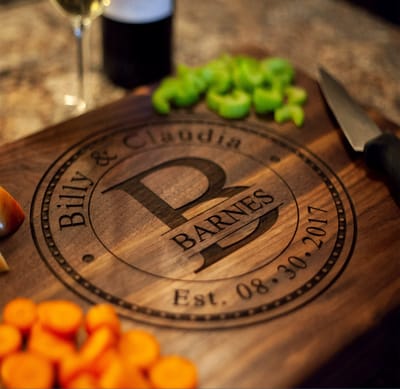 Circle Monogram Family Name Cutting Board, cutting board engraved by Naked Wood Works