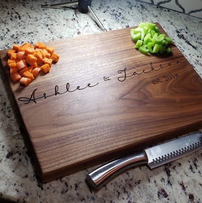 Script Names and Year Cutting Board, cutting board engraved by Naked Wood Works