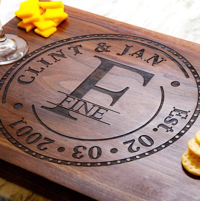 Bold Initial Circle Charcuterie Board, serving board engraved by Naked Wood Works